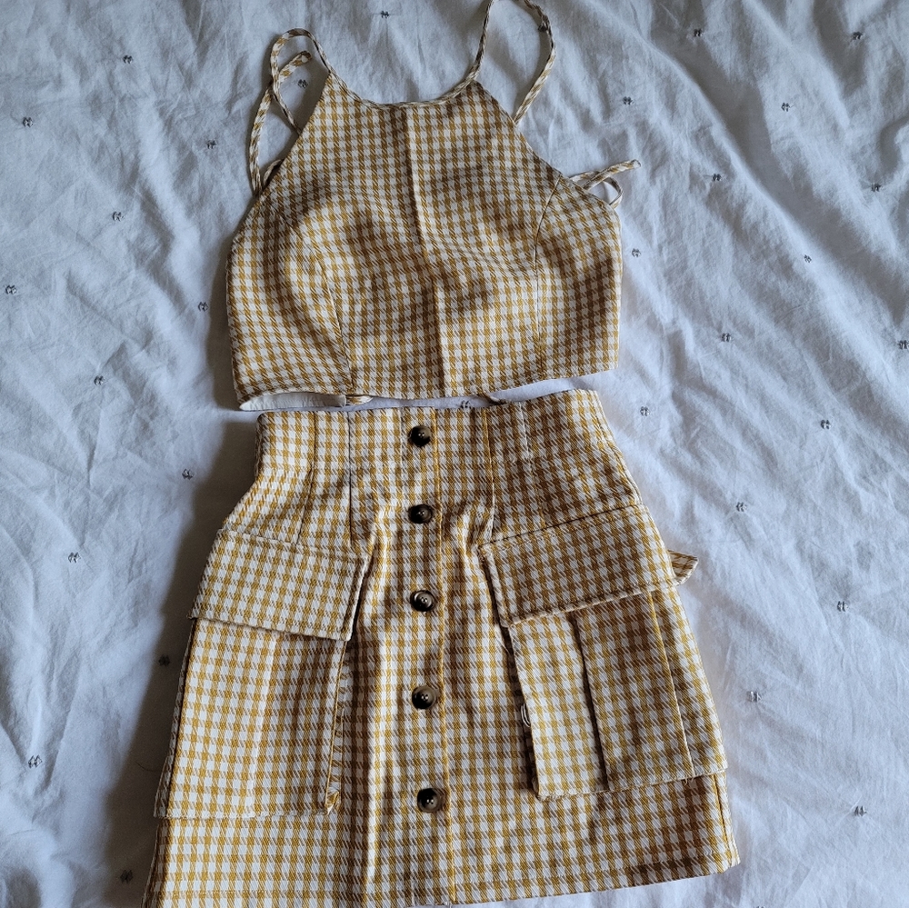 More Free Time Gingham Skirt Set - Mustard/combo